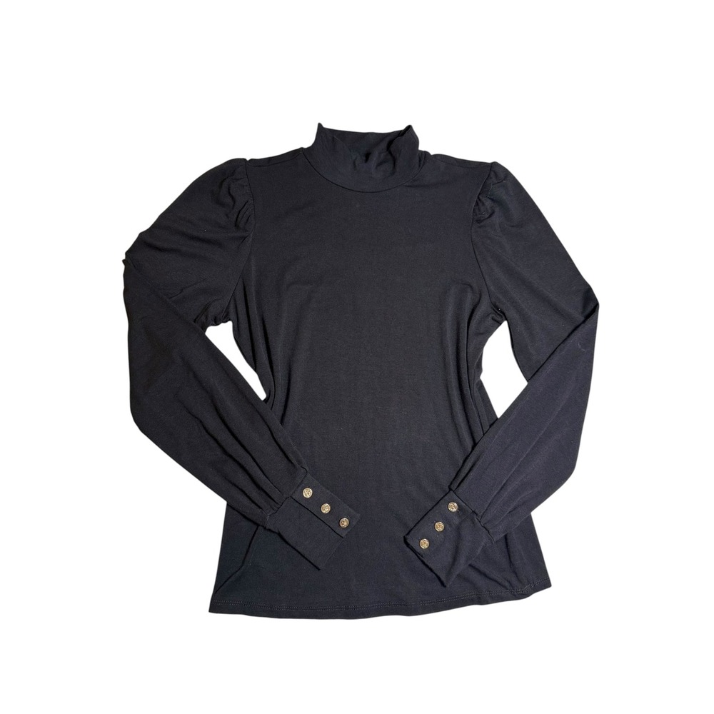 Draper‎ James Black Mock Neck Puff Sleeve Top Gold Button Cuff KD1023SDR S